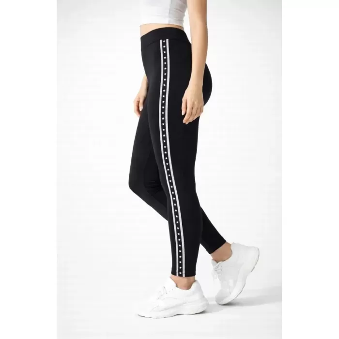 Likralı Yan Yıldız Şeritli Detaylı Tayt - Siyah