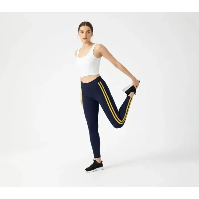 Likralı Yan Sarı Şeritli Detaylı Tayt - Siyah