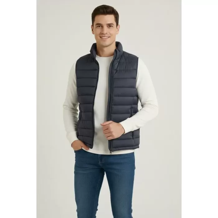 Erkek Şişme Fermuarlı Yelek Su Itici Kapitone Astarlı Kumaş Cepli Hafif Kışlık Spor Rahat Kalıp - Lacivert