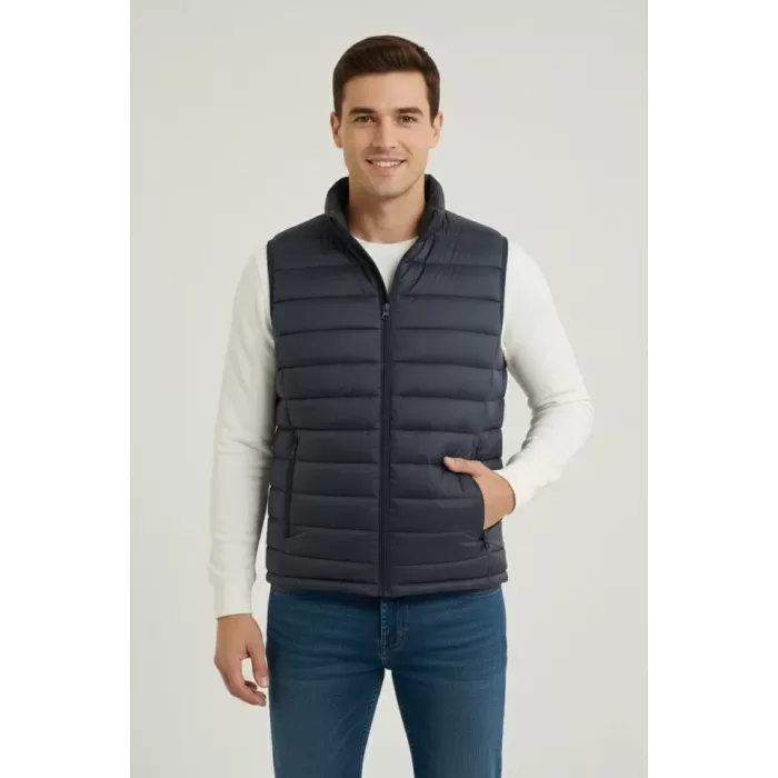 Erkek Şişme Fermuarlı Yelek Su Itici Kapitone Astarlı Kumaş Cepli Hafif Kışlık Spor Rahat Kalıp - Lacivert