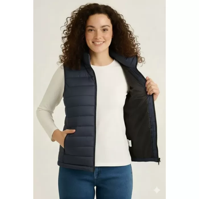 Şişme Fermuarlı Yelek Su Itici Kapitone Astarlı Kumaş Cepli Hafif Kışlık Spor Rahat Kalıp - Lacivert