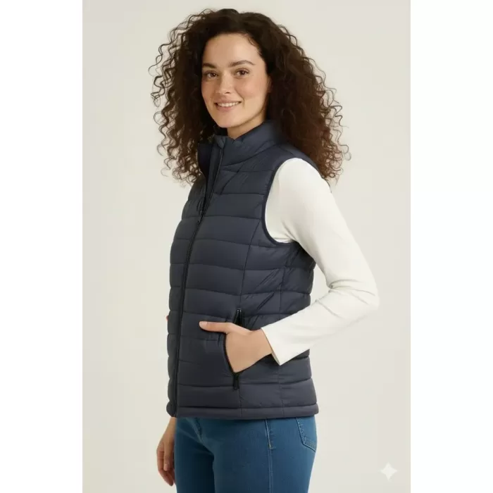 Şişme Fermuarlı Yelek Su Itici Kapitone Astarlı Kumaş Cepli Hafif Kışlık Spor Rahat Kalıp - Lacivert