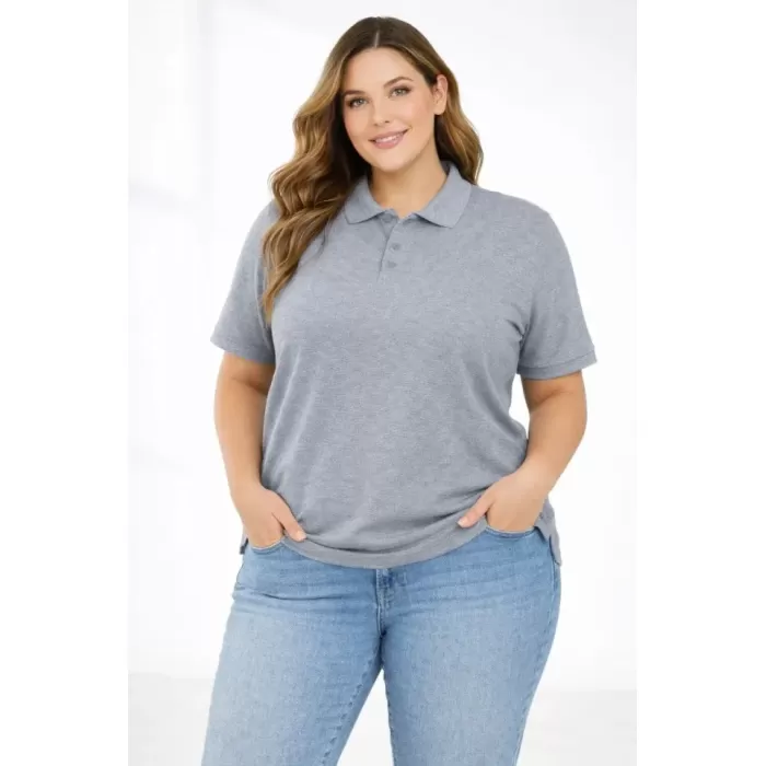 Pike Kumaş Düğmeli Yaka Battal Büyük Beden Günlük Kısa Kol Tişört T-shirt - Gri