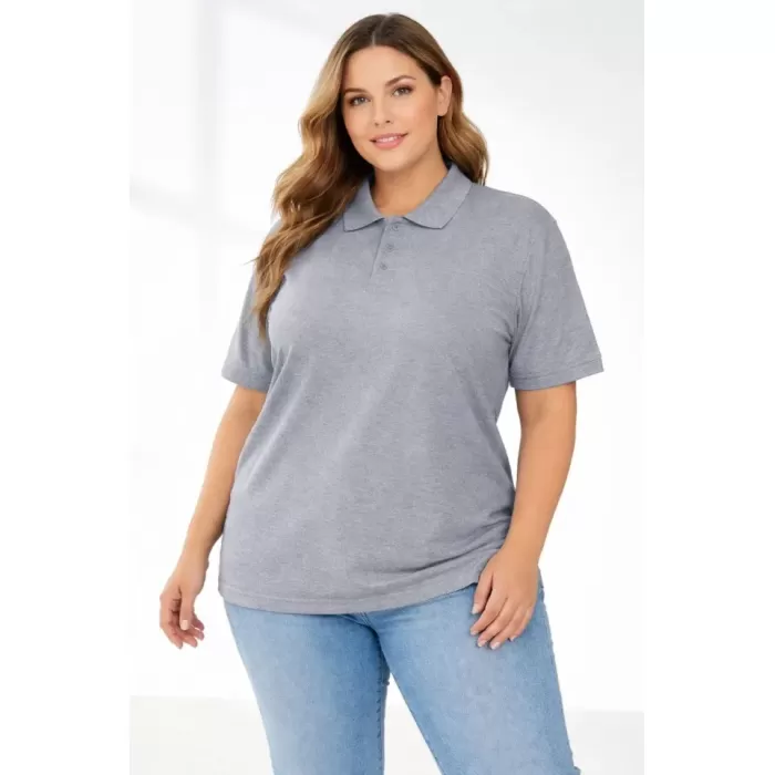 Pike Kumaş Düğmeli Yaka Battal Büyük Beden Günlük Kısa Kol Tişört T-shirt - Gri