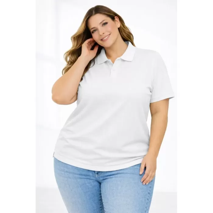 Pike Kumaş Düğmeli Yaka Battal Büyük Beden Günlük Kısa Kol Tişört T-shirt - Beyaz