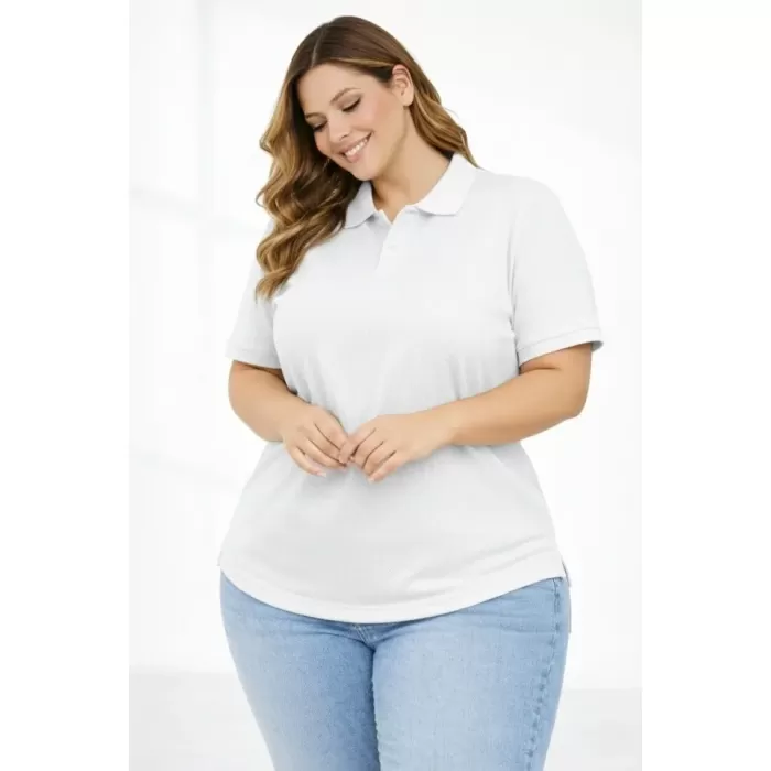 Pike Kumaş Düğmeli Yaka Battal Büyük Beden Günlük Kısa Kol Tişört T-shirt - Beyaz