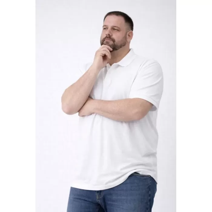 Erkek Pike Kumaş Düğmeli Yaka Battal Büyük Beden Günlük Kısa Kol Tişört T-shirt - Beyaz