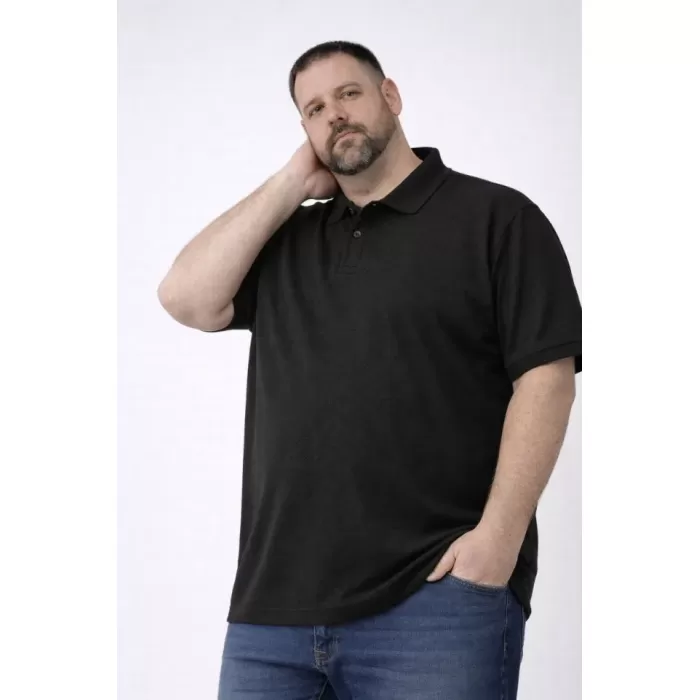 Erkek Pike Kumaş Düğmeli Yaka Battal Büyük Beden Günlük Kısa Kol Tişört T-shirt - Siyah