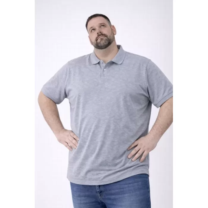 Erkek Pike Kumaş Düğmeli Yaka Battal Büyük Beden Günlük Kısa Kol Tişört T-shirt - Gri