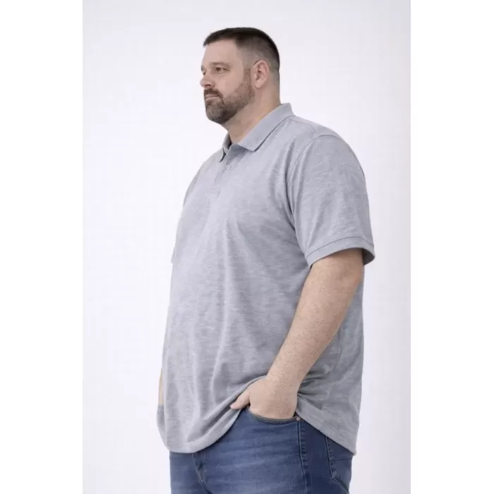 Erkek Pike Kumaş Düğmeli Yaka Battal Büyük Beden Günlük Kısa Kol Tişört T-shirt - Gri