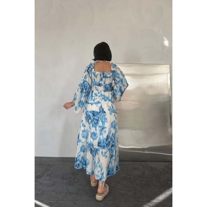 Mavi Arkası Gipeli Uzun Elbise