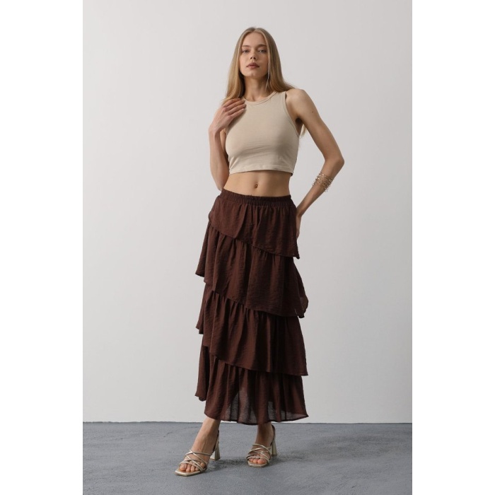 Katlı Kesim Uzun Etek - Kahve
