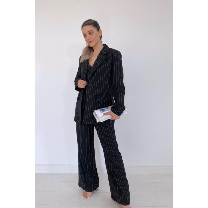Siyah Çizgili Ceket - Yelek Ve Pantolon Takım