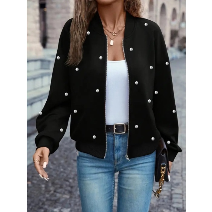 Kadın Uzun Kollu önden Fermuarlı Incili Kısa Modal Ceket