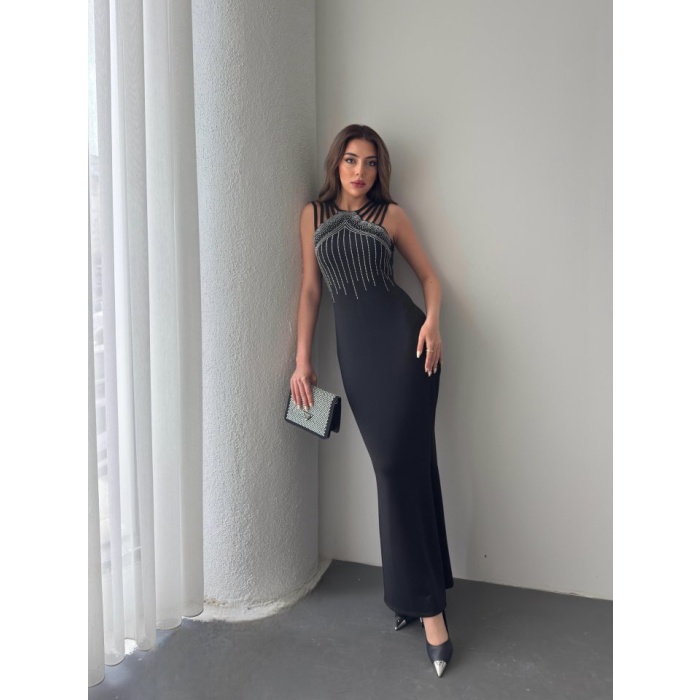 Kadın Omuz çoklu Askılı önü Taş Işlemeli Balık Kesim Janjan Krep Maxi Boy Elbise