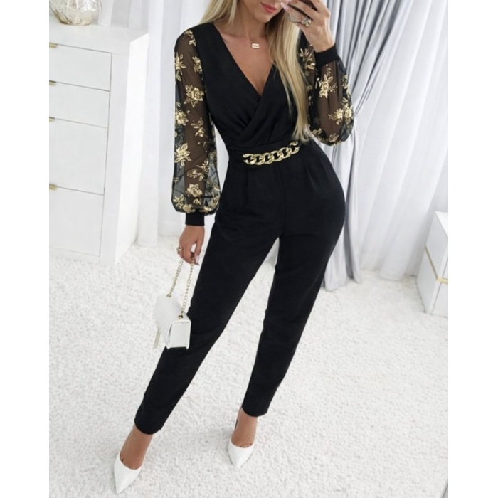 Kadın Uzun Kollu Kruvaze Yakalı Kolları çiçek Desenli Janjan Krep Tulum