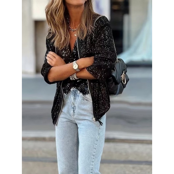 Kadın Uzun Kollu önü Fermuarlı Kısa Pulpayet Ceket