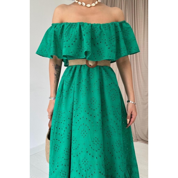Yeşil Omzu Lastikli Brode Elbise