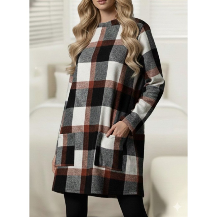 Kadın Uzun Kollu Yarı Balıkçı Yakalı Cep Detaylı Ekoseli Dokuma Tunik