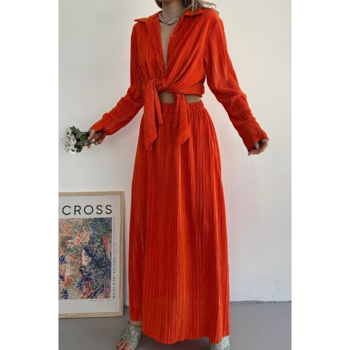 Oranj Fitilli Gömlek Ve Uzun Etek Takım