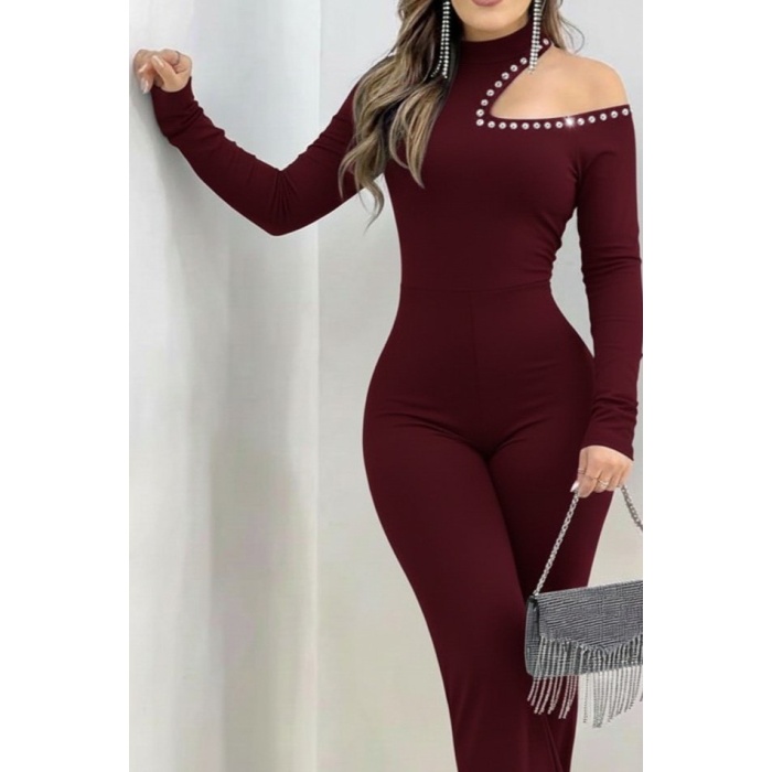 Kadın Tek Omuzdan Açık Balıkçı Yaka Taş Detaylı Uzun Ithal Krep Tulum