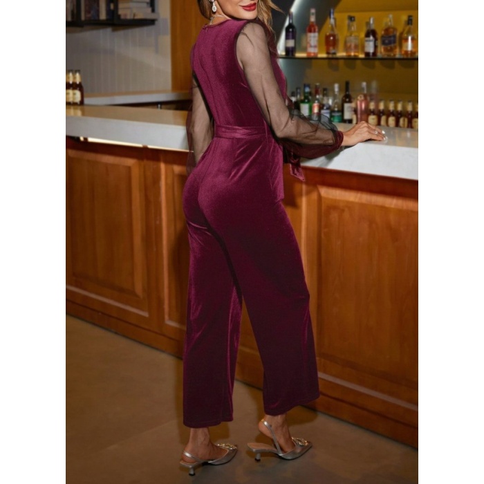 Kadın Uzun Kollu Kruvaze Yakalı Belden Kuşaklı Tül Detaylı Kadife Tulum