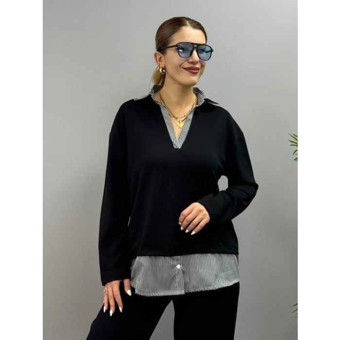 Polo Yaka Gömlek Detay Salaş Balon Pantolunlu ıkılı Takım