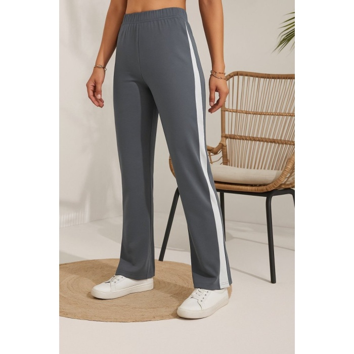 Kadın Yüksek Bel Yan şerit Detaylı Yırtmaçlı Viskon Iki Iplik Pantolon