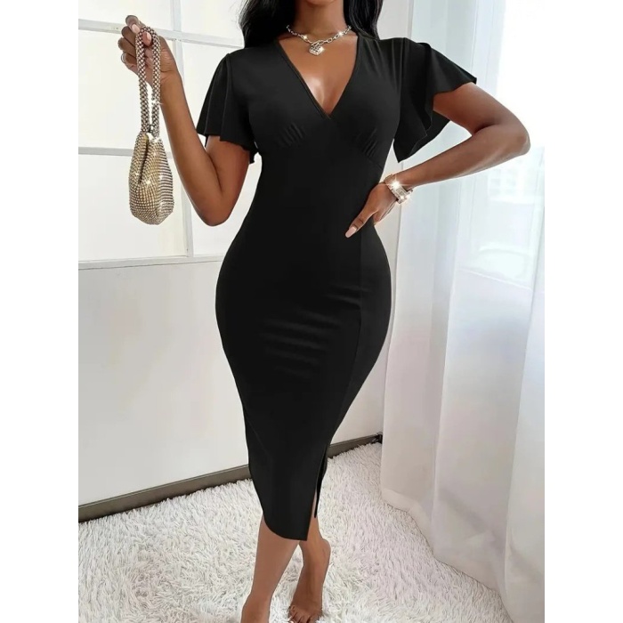 Kadın Kısa Kollu Derin Dekolte V Yakalı Yırtmaçlı Midi Janjan Krep Elbise