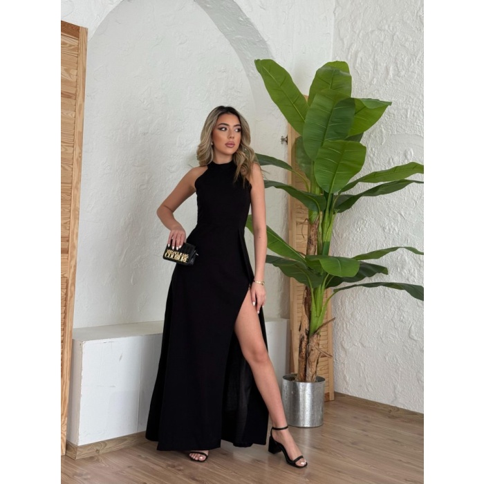 Kadın Halter Yaka Derin Yırtmaç Detaylı Tam Boy Ithal Krep Abiye Elbise