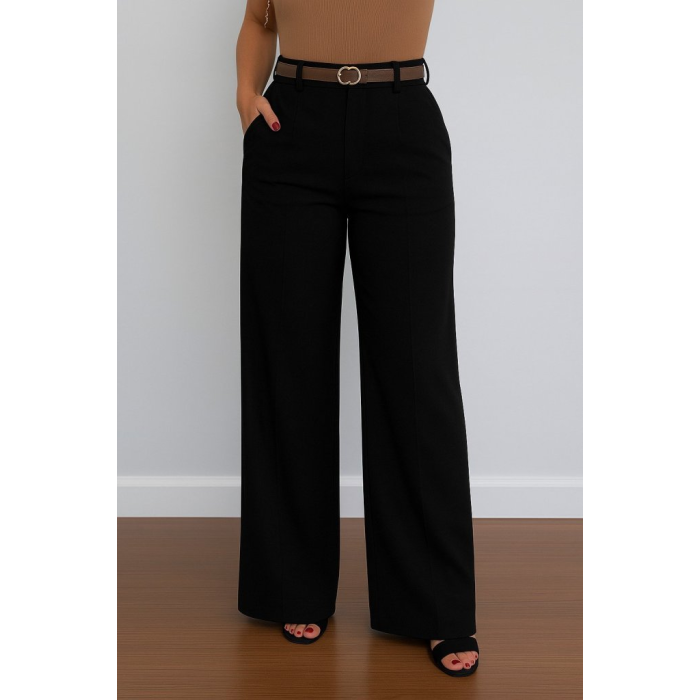 Kadın Yüksek Bel Geniş Paça Detaylı Cepli Ithal Krep Pantolon