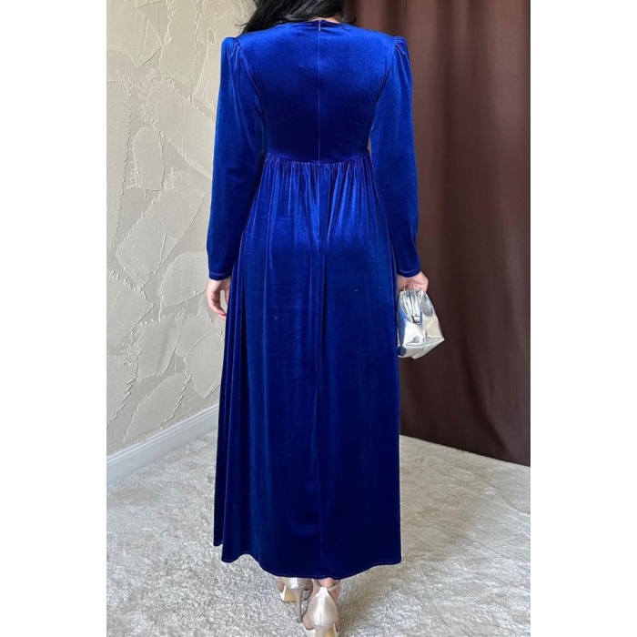 Saks Göğüs Altı Taşlı Elbise