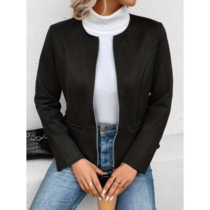 Kadın Uzun Kollu Yuvarlak Yaka önden Fermuarlı Süet Ceket