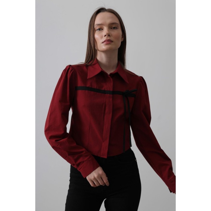 Önü Kontrast Fiyonklu Gömlek - Bordo