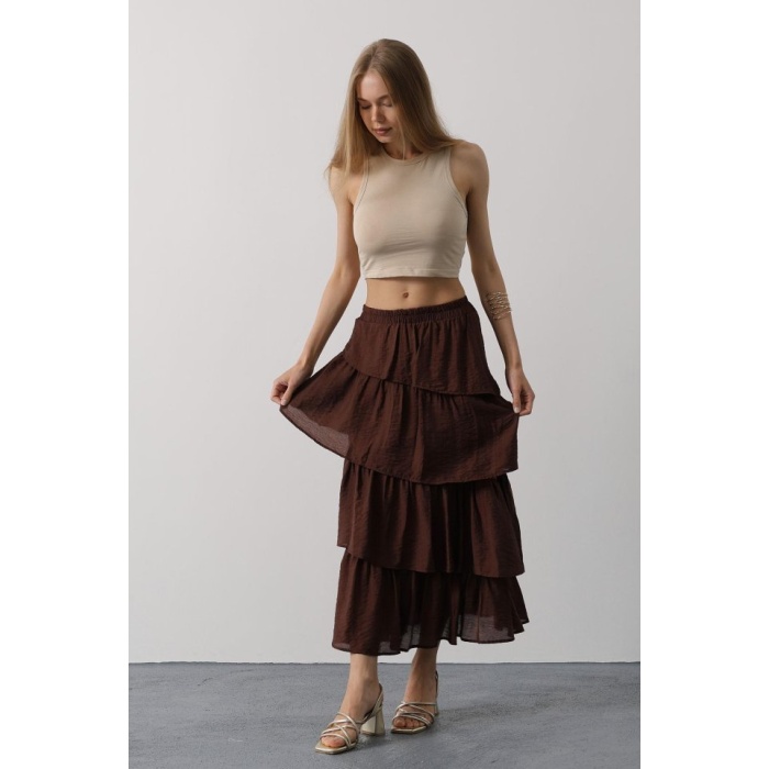 Katlı Kesim Uzun Etek - Kahve