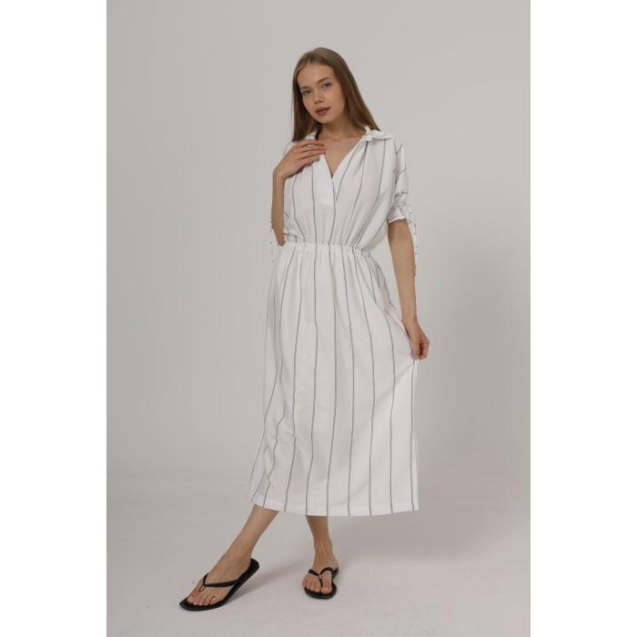 Beli Lastikli Elbise - Beyaz