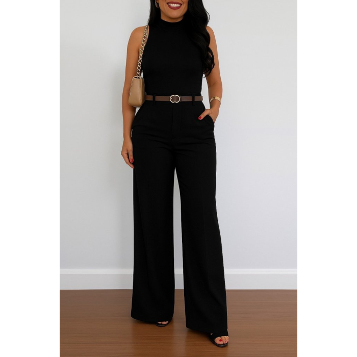 Kadın Yüksek Bel Geniş Paça Detaylı Cepli Ithal Krep Pantolon