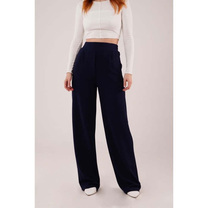 Yüksek Bel Bol Paça Krep Lacivert Pantolon
