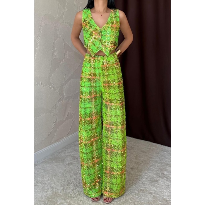 Yeşil Pullu Yelek Ve Pantolon Takım