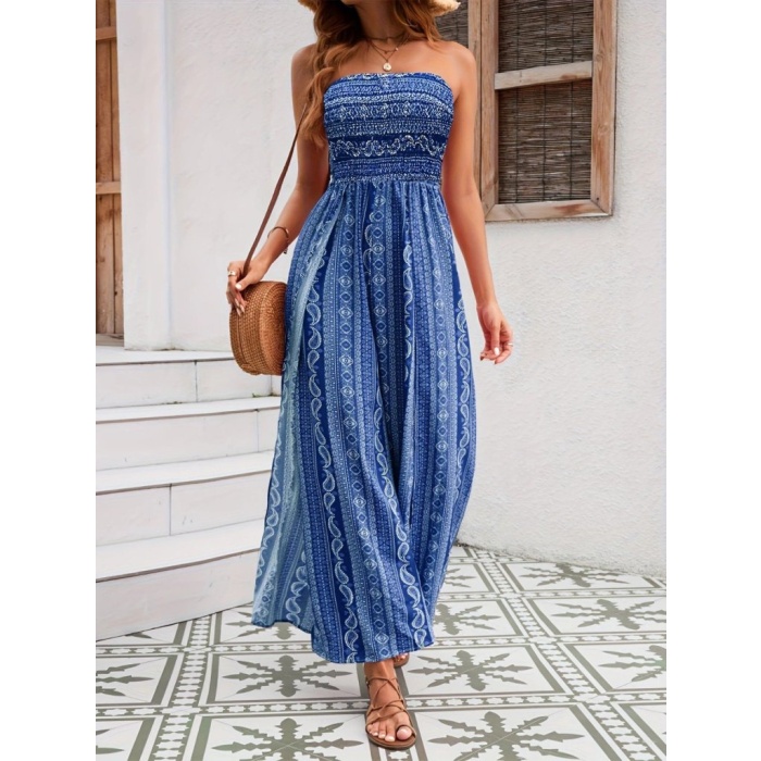 Kadın Yakası Gipe Detaylı önden Yırtmaç Detaylı Desenli Süprem Pantolunetek Tulum