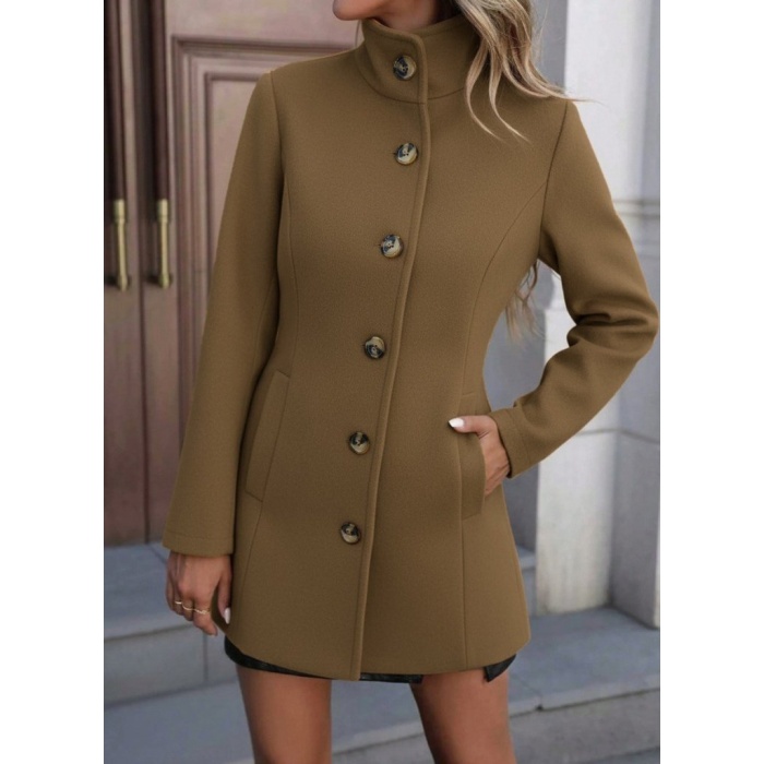 Kadın Uzun Kollu Yakalı önden Düğmeli Astarsız Ithal Kaşe Kahve Kaban