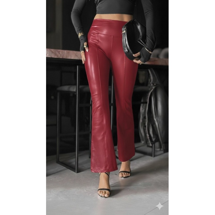 Kadın Yüksek Bel Paçaya Doğru Geniş Deri Pantolon