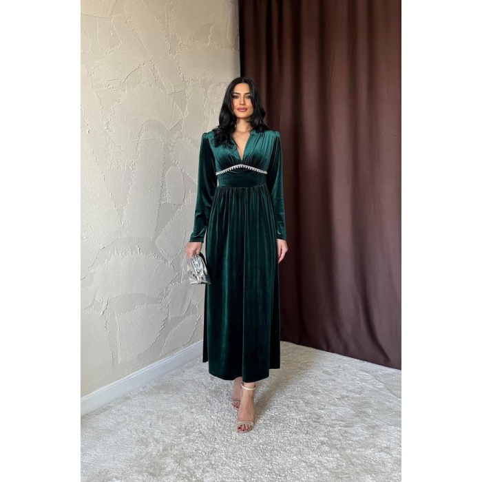 Zümrüt Göğüs Altı Taşlı Elbise