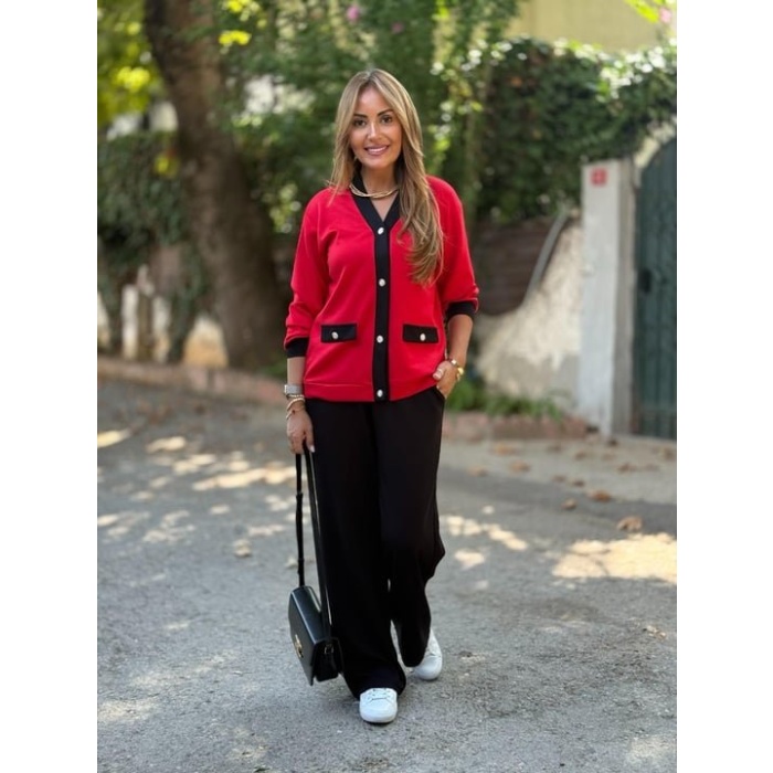 Kadın Uzun Kollu Ribanali Cep Detay Hırka Ve Bol Paça Pantolon Ikili Takım