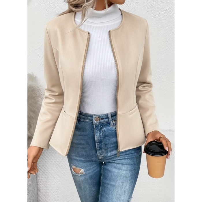 Kadın Uzun Kollu Yuvarlak Yaka önden Fermuarlı Süet Ceket