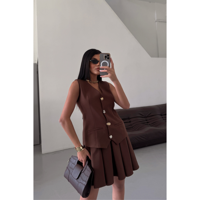 YELEK - PİLELİ ETEK GÖRÜNÜMLÜ ELBİSE - Kahverengi