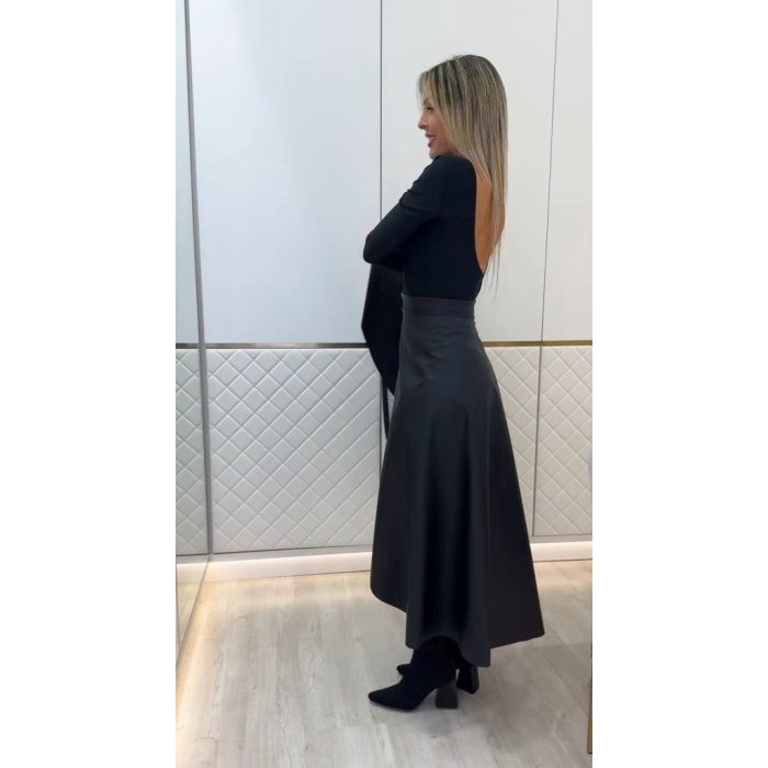 Kadın Belden Kuşaklı Uzun Deri Etek