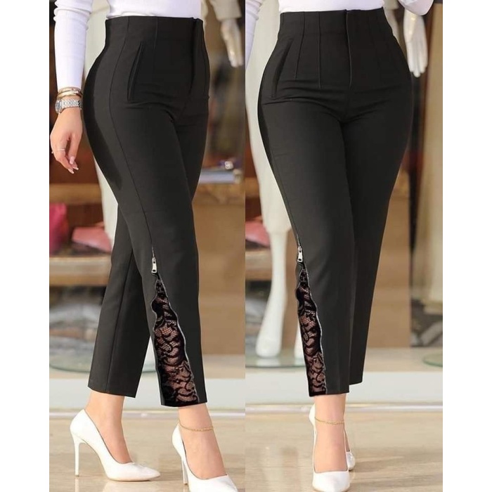 Kadın Yüksek Bel önden Nervürlü Ve Fermuarlı Yandan Dantelli Ithal Krep Pantolon