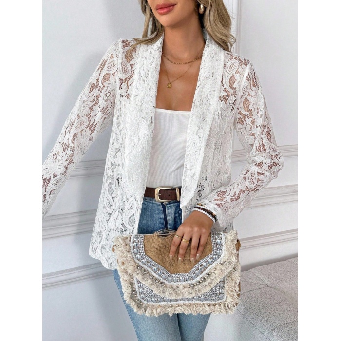 Kadın Uzun Kollu Yakalı önü Açık Dantelli Ceket