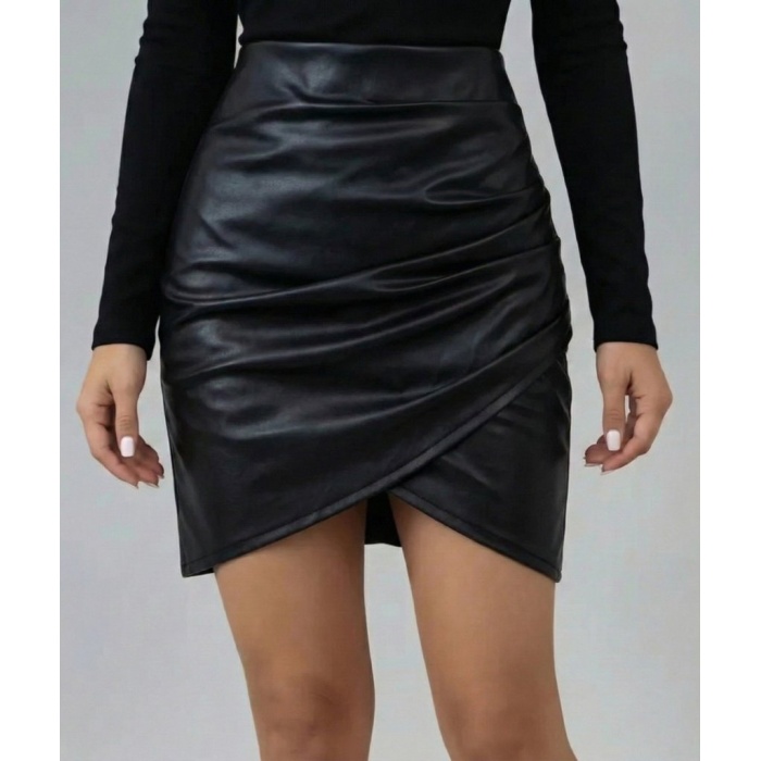 Kadın Yüksek Bel Yandan Fermuarlı Pileli Mini Deri Etek